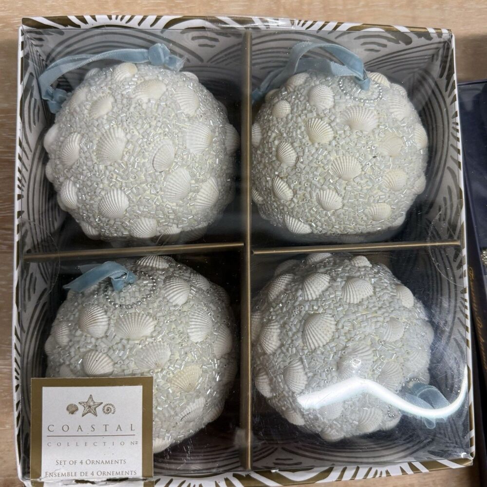 Coastal Collection Seashell Beaded Ball Christmas Ornaments Set of 4 White Boxed